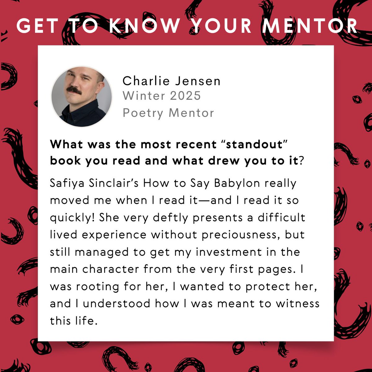 PocketMFA's tweet image. The most recent “standout” book Charlie Jensen read. Have you read Safiya Sinclair’s How to Say Babylon?
#PocketMFA #WritingProgram #MFA #Writing #Poetry #Fiction #Journalism #WritersCommunity #Reading #Writers