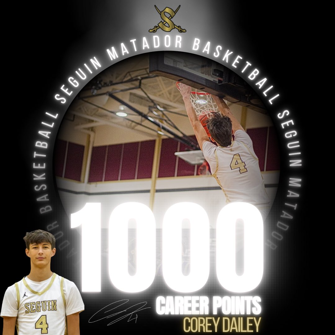 SeguinBoysHoops's tweet image. MATADOR NATION‼️ We want to congratulate Corey Dailey, Mr. 6’7”, on reaching and surpassing 1,000 points‼️ We are all proud of you‼️#1000pointclub ‼️ #SwordsUp ⚔️🏀🖤