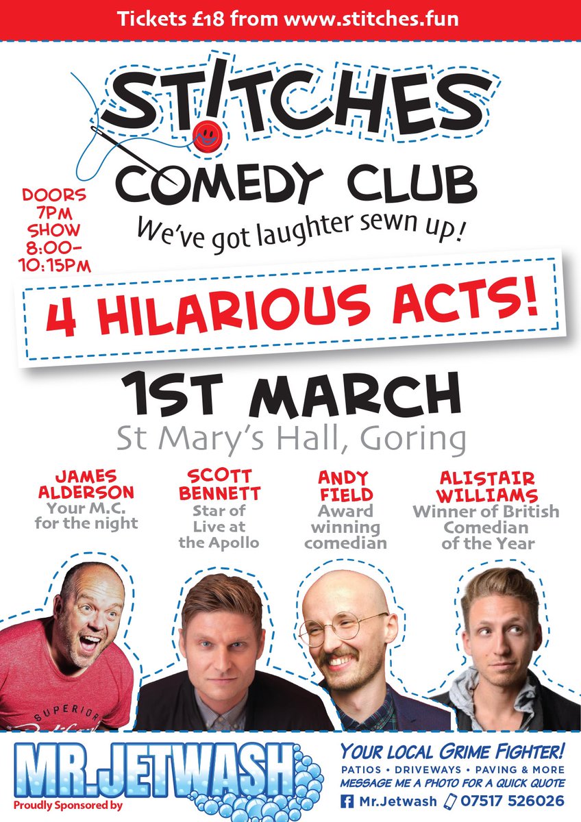 This Saturday we have two amazing shows starring <a href="/scottbcomedyuk/">Scott Bennett - on tour 2025!</a> <a href="/andyfieldhello/">Andy Field</a> <a href="/comedyjames/">James Alderson - Bring Back The 80s Podcast!</a> <a href="/awilliamscomedy/">Alistair Williams</a> and more! Tickets from stitches.fun BRACKLESHAM &amp; GORING!