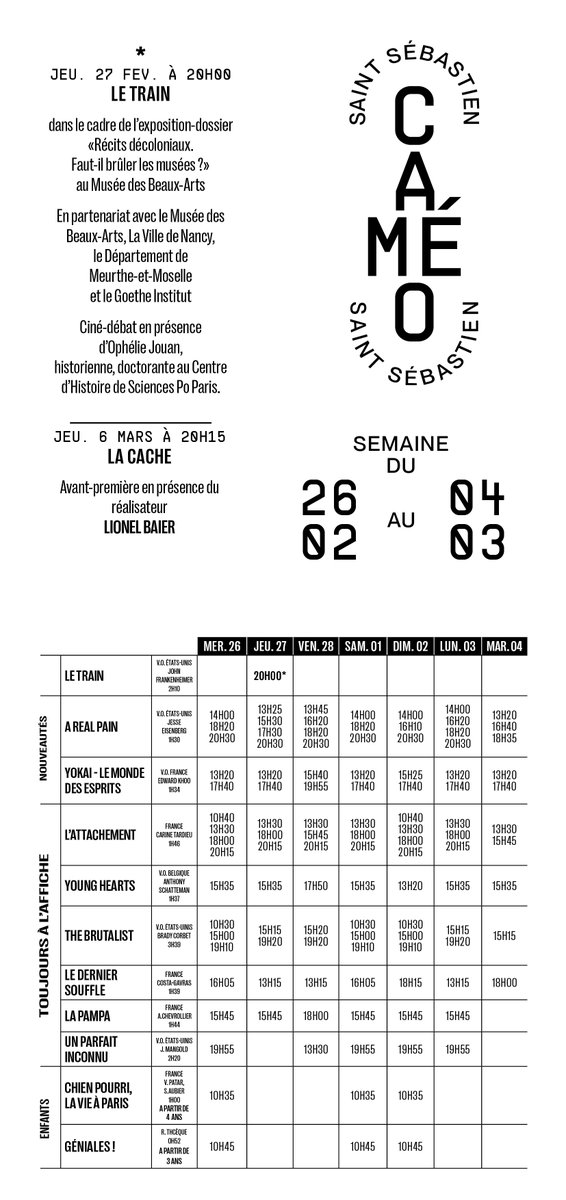 Horaires des séances pour la semaine du 26 février au 4 mars
#Nancy