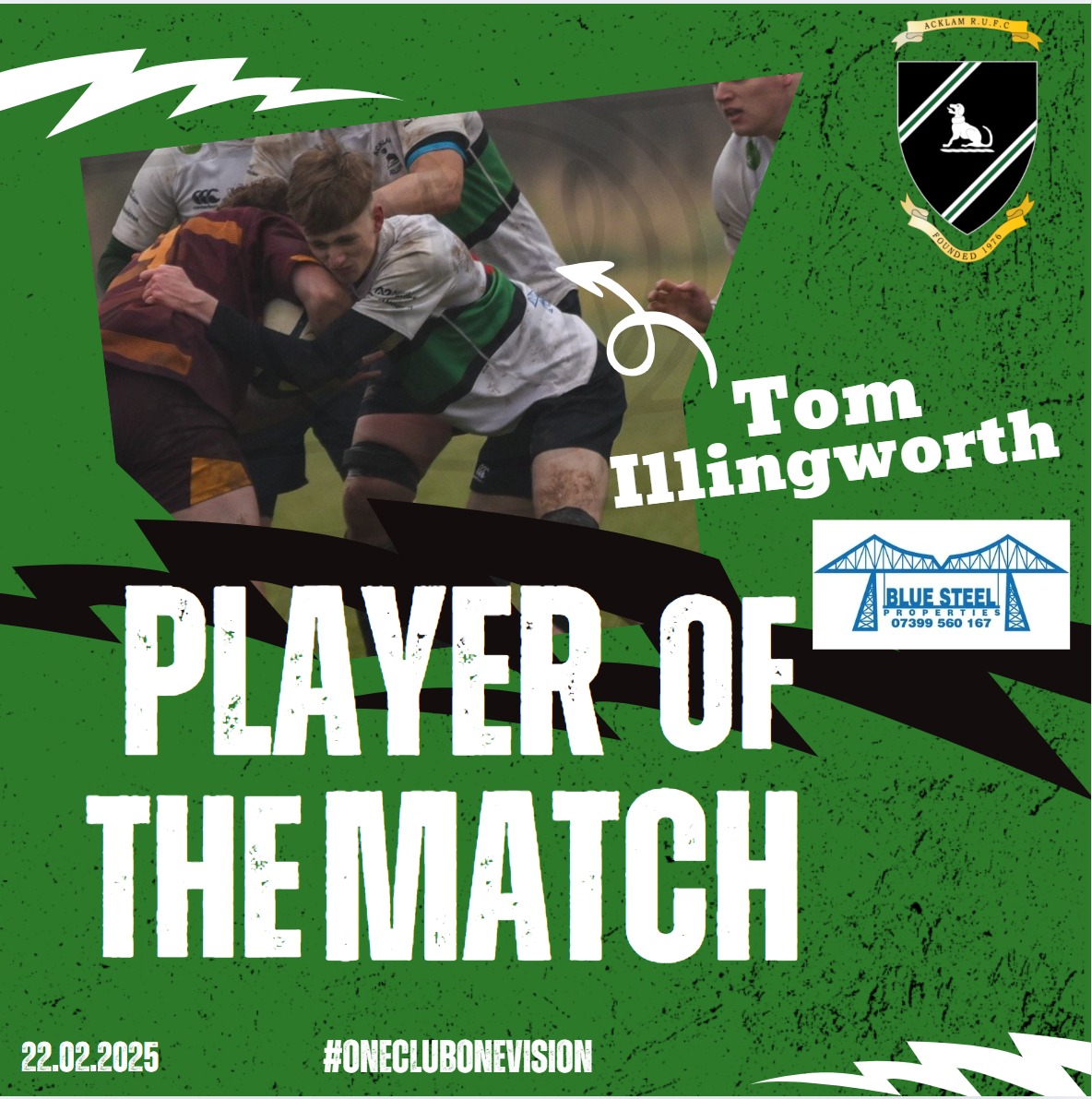 🎉 Player of the Match - Sat, 22nd Feb 2025 🎉 | 💪 Tom Illingworth (Talbots) delivered a game-changing performance with impressive tackles &amp; dynamic play. Sponsored by Blue Steel Properties—his energy &amp; dedication inspire us all!