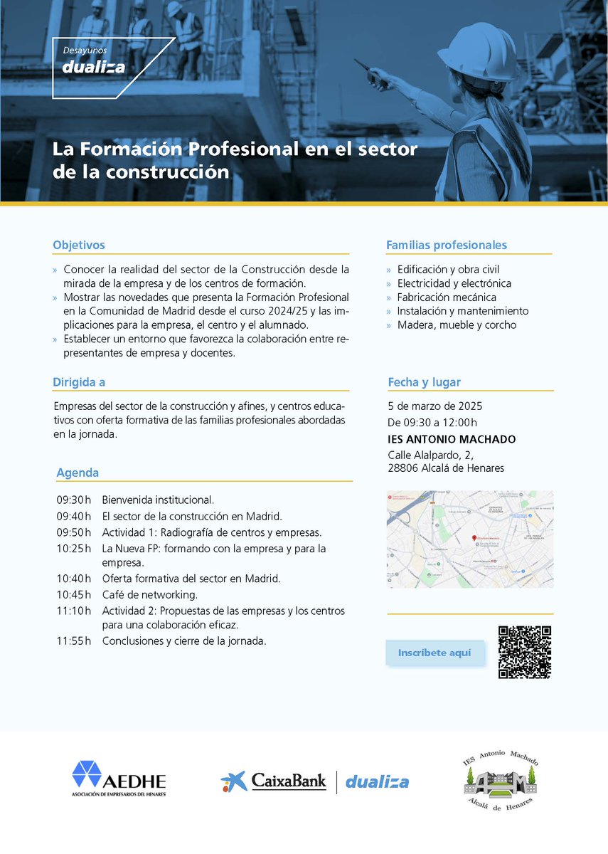 El IES Antonio Machado participa en la organización  del desayuno Dualiza sobre Construcción en Alcalá de Henares, en colaboración con <a href="/CABK_Dualiza/">CaixaBank Dualiza</a> y <a href="/aedhe/">AEDHE</a> 
📆 5 de marzo de 2025
🕤 9:30
🏫 Sala de conferencias del IES Antonio Machado
caixabankdualiza.es/desayuno-duali…