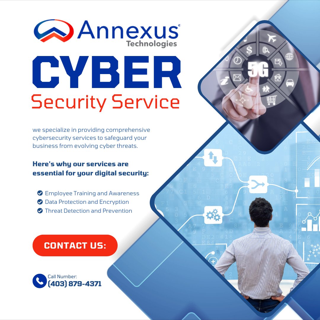annexustech's tweet image. Protect your business from evolving cyber threats with our expert cybersecurity services. From employee training to threat prevention, we&apos;ve got you covered. Call (403) 879-4371 to secure your business today. #CyberSecurity #DataProtection #AnnexusTech