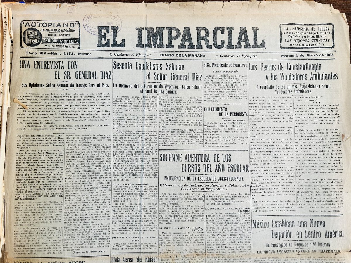 #UnDíaComoHoy, pero de 1908, el periódico “El Imparcial” publicó la traducción al español de la entrevista Díaz-Creelman, en la que Porfirio Díaz expresó su disposición para dejar el poder y permitir elecciones libres.