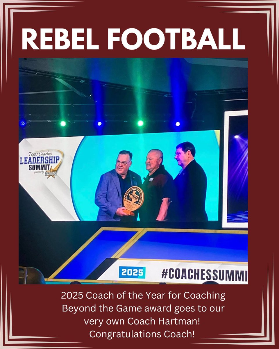 Rebel Football Booster (@rebelbooster) on Twitter photo Congratulations Coach Hartman on being award the 2025 Coach of the Year for Coaching Beyond the Game, from the Texas Coaches Leadership Summit. We are thankful for all you do beyond the game for your student athletes.
<a href="/Hartman3Clint/">Clint Hartman</a> <a href="/Legacyrebels/">Midland Legacy High School</a> Congratulations Coach Hartman on being award the 2025 Coach of the Year for Coaching Beyond the Game, from the Texas Coaches Leadership Summit. We are thankful for all you do beyond the game for your student athletes.
<a href="/Hartman3Clint/">Clint Hartman</a> <a href="/Legacyrebels/">Midland Legacy High School</a>