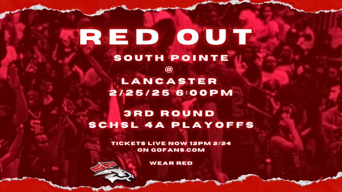 Tickets for the 3rd  Round of the SCHSL 4A playoffs vs Lancaster NOW LIVE!! Tickets will sell fast!

🚨WEAR RED!!🚨 

gofan.co/event/3296873?…

#SouthPointeBasketball #SCHSLPlayoffs