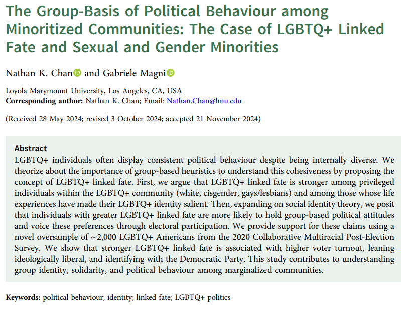 Gabriele Magni (@gabmagni) on Twitter photo Happy to see this article with <a href="/chanknathan/">Nathan K. Chan</a> out in BJPolS
We propose "LGBTQ+ linked fate" and use a sample of ∼2,000 LGBTQ+ Americans to explain the political behavior of the LGBTQ+ community in the U.S.
1/n
cambridge.org/core/journals/… Happy to see this article with <a href="/chanknathan/">Nathan K. Chan</a> out in BJPolS
We propose "LGBTQ+ linked fate" and use a sample of ∼2,000 LGBTQ+ Americans to explain the political behavior of the LGBTQ+ community in the U.S.
1/n
cambridge.org/core/journals/…