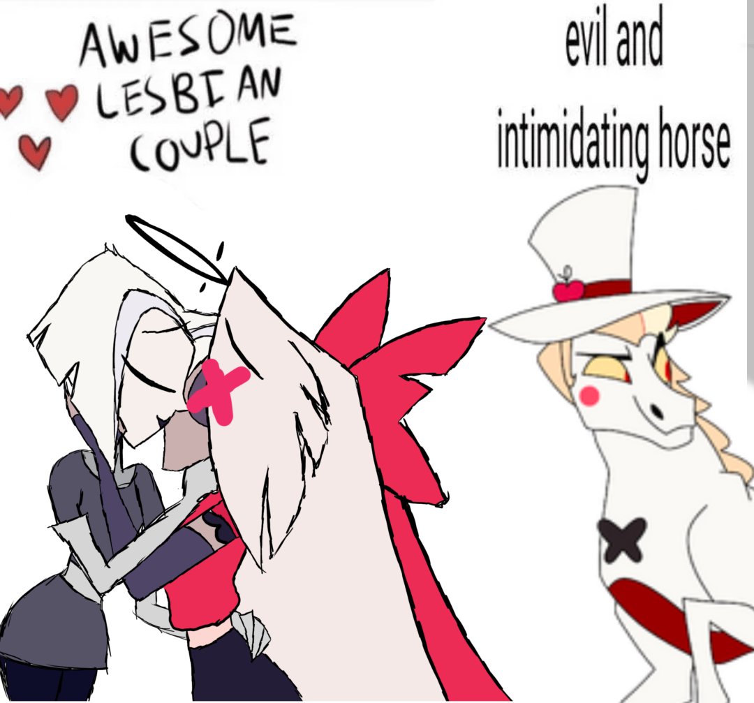ExorcistPRteam's tweet photo. #Luggie version of that horse meme format, because they're truly the ideal sapphic couple 🙏

#HazbinHotel #HazbinHotelLute #HazbinHotelVaggie #fallenwings https://t.co/YWLUUVjKjY