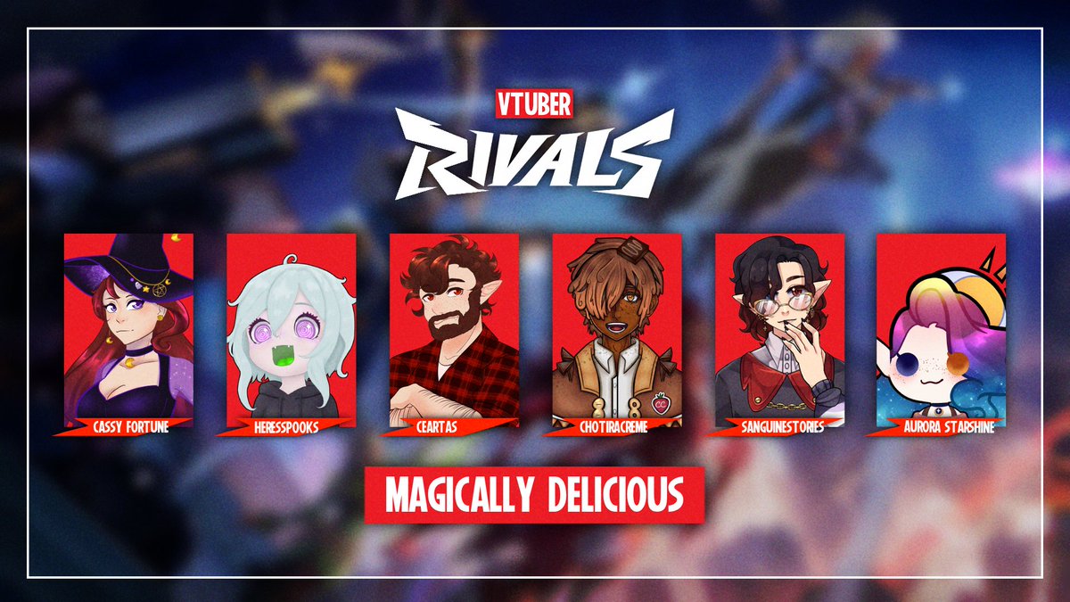 RealCamana (@realcamana) on Twitter photo Welcome Team "Magically Delicious" to #VtuberRivals
<a href="/StarshineAurora/">☀✨Aurora Starshine ✨🌙 Vgen open</a>
<a href="/CassyFortune/">Cassy Fortune 🔜 Offkai</a> (captain)
<a href="/Chotiracreme/">Chotira Crème 🇸🇪</a>
<a href="/Jam_Jar_Head/">🍉🩸🍓 JamJarHead 🍓🩸🍉 | No longer using X</a>
<a href="/StoriesSanguine/">SanguineStories🪶🐦⬛ - Wereraven Vtuber</a>
<a href="/Acer_Potator/">Acer Potator🍁🦇</a>
Heresspooks Welcome Team "Magically Delicious" to #VtuberRivals
<a href="/StarshineAurora/">☀✨Aurora Starshine ✨🌙 Vgen open</a>
<a href="/CassyFortune/">Cassy Fortune 🔜 Offkai</a> (captain)
<a href="/Chotiracreme/">Chotira Crème 🇸🇪</a>
<a href="/Jam_Jar_Head/">🍉🩸🍓 JamJarHead 🍓🩸🍉 | No longer using X</a>
<a href="/StoriesSanguine/">SanguineStories🪶🐦⬛ - Wereraven Vtuber</a>
<a href="/Acer_Potator/">Acer Potator🍁🦇</a>
Heresspooks