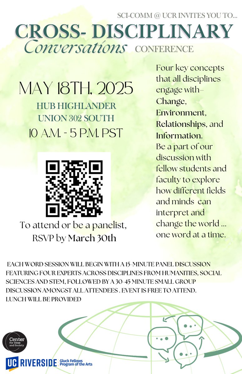 Join us for the Cross-Disciplinary Conversations Conference! Open to all UCR graduate and undergraduate students, staff, and faculty. Event is free + free lunch and snacks. RSVP by 3/30: forms.gle/VT7kHWRDFUNwpa…