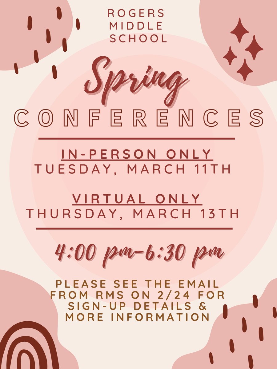Conferences are coming soon! The email from RMS with the information was sent today (2/24). Please see that email for the link to sign up. The link will be live at 1 AM on 2/25/25.