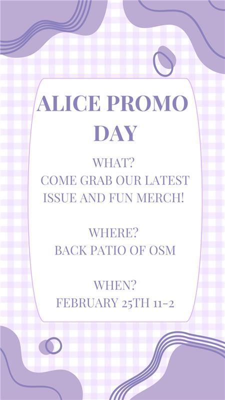 UA Student Media (@uastudentmedia) on Twitter photo Come see us tomorrow from 11-2 for Alice's Promo Day! Grab a copy of the newest release and some Alice merch from <a href="/alicethemag/">Alice Magazine</a>.
We will be on the back patio of the OSM, which is located in the center courtyard of the Riverside dorm buildings. Come see us tomorrow from 11-2 for Alice's Promo Day! Grab a copy of the newest release and some Alice merch from <a href="/alicethemag/">Alice Magazine</a>.
We will be on the back patio of the OSM, which is located in the center courtyard of the Riverside dorm buildings.