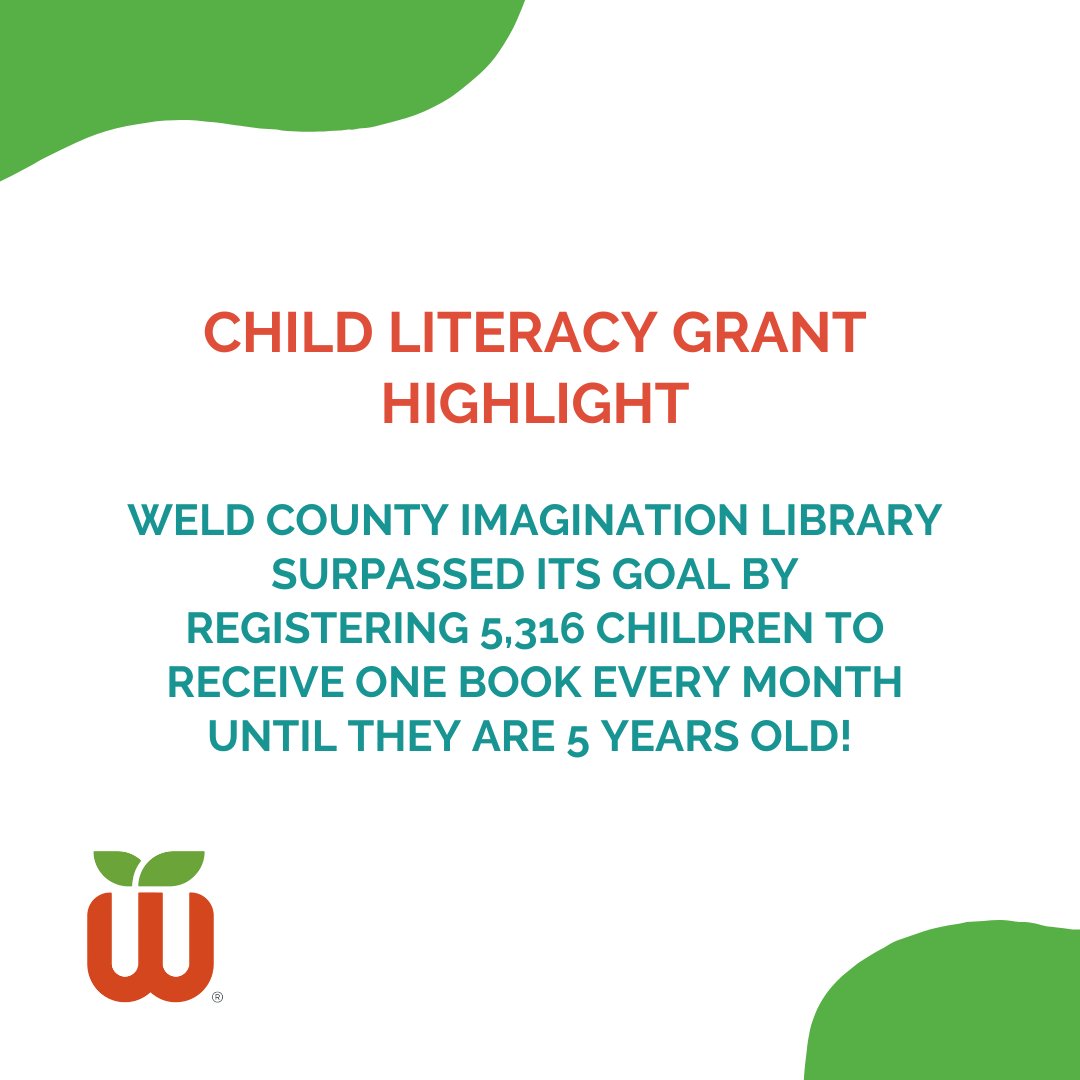 The Weld Trust (@weldtrust) on Twitter photo About 1 in 4 children ages 0-5 years in Weld County receive books from the Imagination Library!
Weld County Imagination Library surpassed its goal of registering 4,800 children by registering 5,316 children to receive one book every month until they are 5 years old! About 1 in 4 children ages 0-5 years in Weld County receive books from the Imagination Library!
Weld County Imagination Library surpassed its goal of registering 4,800 children by registering 5,316 children to receive one book every month until they are 5 years old!