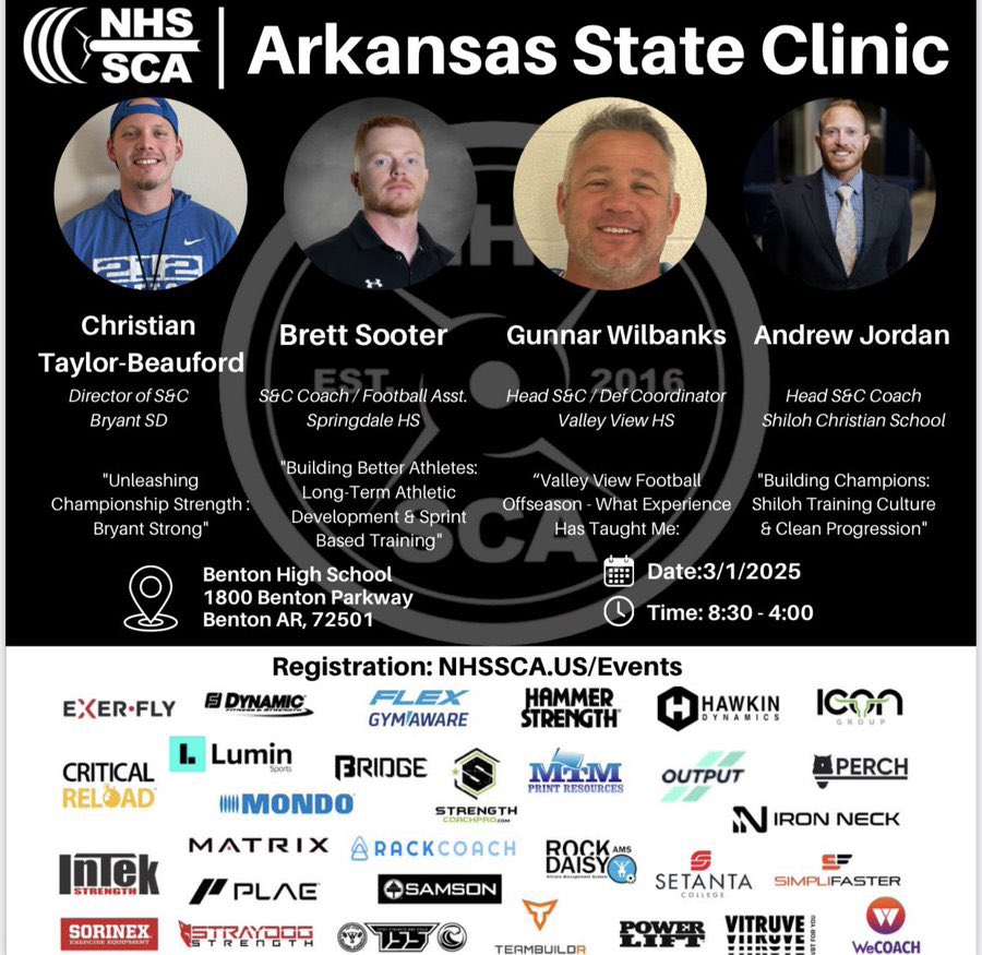 NHSSCA Arkansas State Clinic 

📍 Where: Benton High School 
⏰ Time: 8:30am - 4pm 

Come learn from some of the best S&amp;C coaches in the state! 

nhssca.us/events/list/?t…