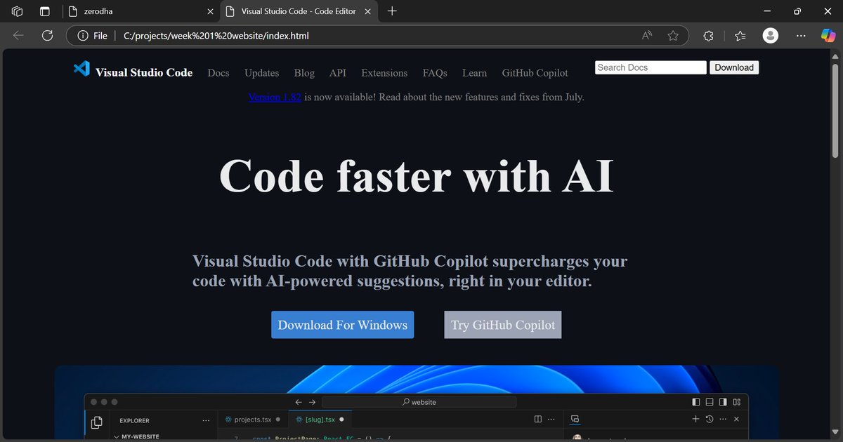 BSwaran64613's tweet photo. week 1   - Basics of html and css ✅
built landing pages of zerodha and vs code. ✅
week2   -  Basics of javascript (async js ,promises)✅
week3   -  currently learning (callback hell)
thank you @100xDevs @kirat_tw for beginner friendly content. https://t.co/6uRRoMtgBe