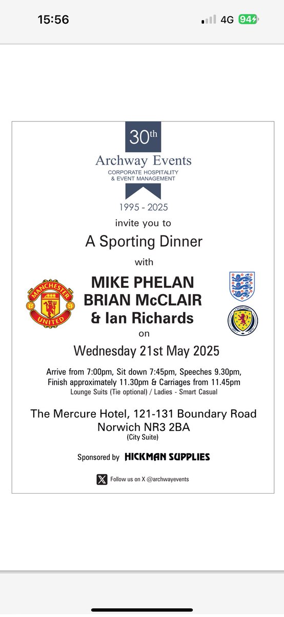 Why not book a table @ this Sporting Dinner ?

As we welcome back to Norwich, former canary <a href="/Mike_Phelan_1/">Mike Phelan</a> - joining him with be his former Man Utd teammate <a href="/BrianMcClair13/">Brian McClair</a>

Plus, <a href="/standupian/">Ian Richards</a> + <a href="/simplymagic19/">Sean Goodman</a> &amp; <a href="/DeniseABrady/">Denise Brady Photography</a> 

Sponsored by <a href="/hickmansupplies/">Hickman Supplies</a>

DM for more details …