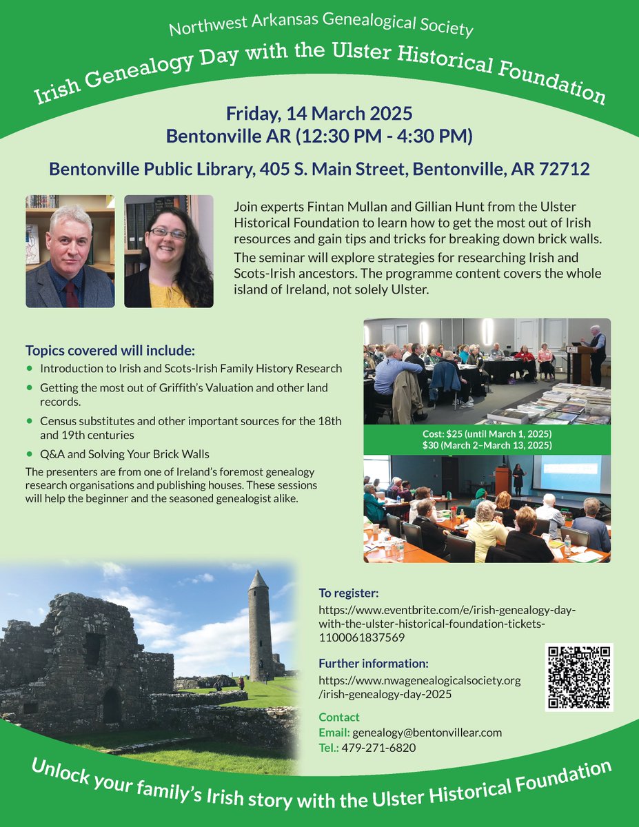 We are delighted to be returning to #Bentonville, #Arkansas on Friday 14 March for the first time since 2017! 

We will be giving talks on #IrishGenealogy with Northwest Arkansas Genealogical Society. 

For more information: eventbrite.com/e/irish-geneal…

<a href="/bentonvillecvb/">Visit Bentonville</a>