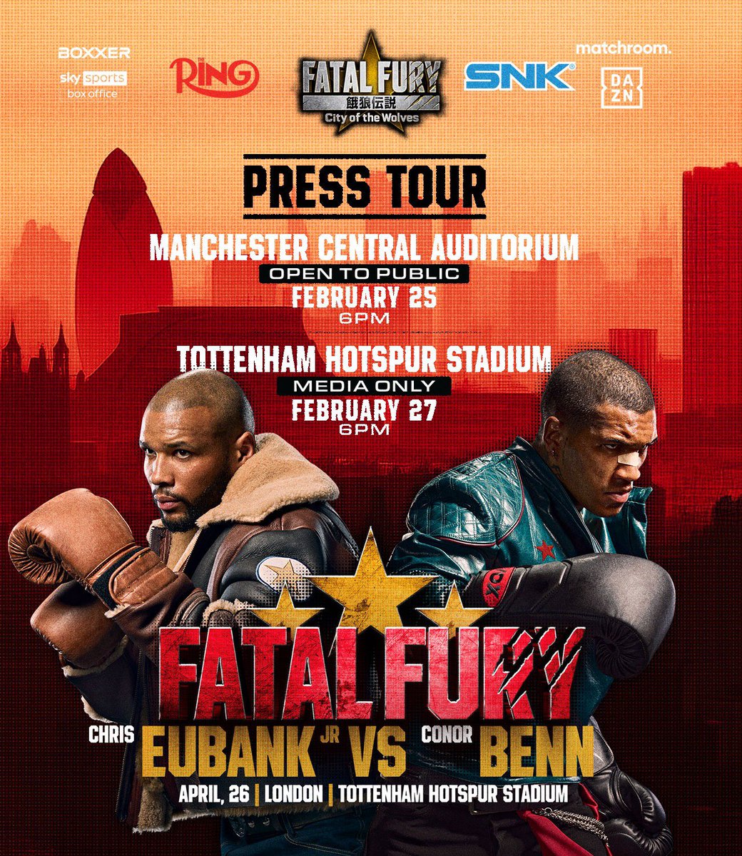 ‼️ Chris Eubank Jr and Conor Benn will come face-to-face this week at the first press conferences for their #FatalFury clash headlining Ring Magazine’s first boxing card on April 26th at Tottenham Hotspur Stadium in collaboration with <a href="/SNKPofficial/">SNK GLOBAL</a> @KOFStudio_EN.

📆 Tuesday Feb