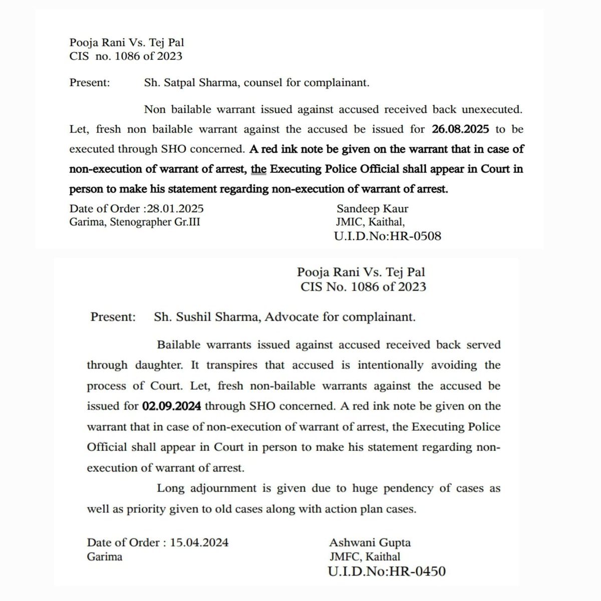 SuryaPartapji's tweet photo. @DGPHaryana @cmohry @HARYANAPOLICEHQ To,The SHO Kalayat,Subject:Non-Execution of NBW I, Pooja Rani,complainant in case No.1086/2023,Pooja Rani vsTejPal,request you to arrest accused Tejpal.dueto word limit I am attaching full complaint in image with court orders. my no 9416305900 https://t.co/eJ2ecreuPp