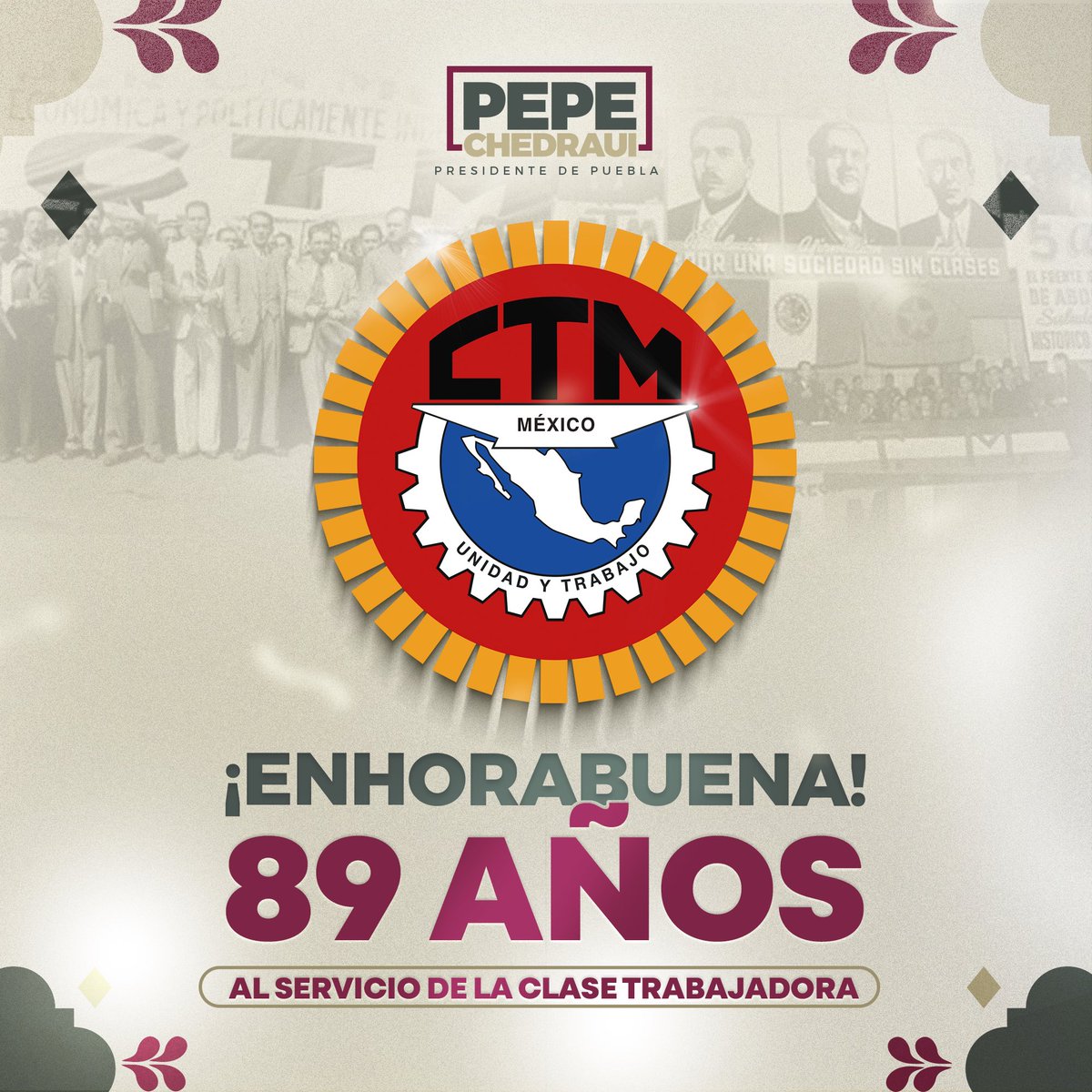 📌 Mis felicitaciones por su 89 Aniversario🎖️, a la Confederación de Trabajadores de México <a href="/CTM_MX/">CTM Nacional</a>; a su Líder Nacional, Don <a href="/CarlosAceves_/">Carlos Aceves del Olmo</a> y al Secretario General de la <a href="/CTMPuebla/">CTM_FTPuebla</a>, <a href="/LeobardoSoto/">Leobardo Soto</a>.

Mi reconocimiento por todos estos años de historia y esfuerzo comprometido al