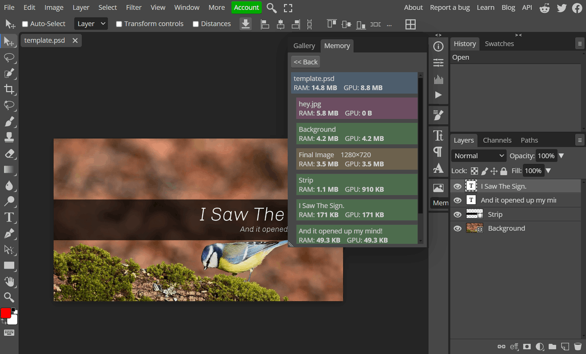 photopeacom's tweet photo. We have improved the memory management in Photopea! The RAM usage is 10% to 40% lower now, especially in documents with layer styles :) https://t.co/OdAzTCO6XY