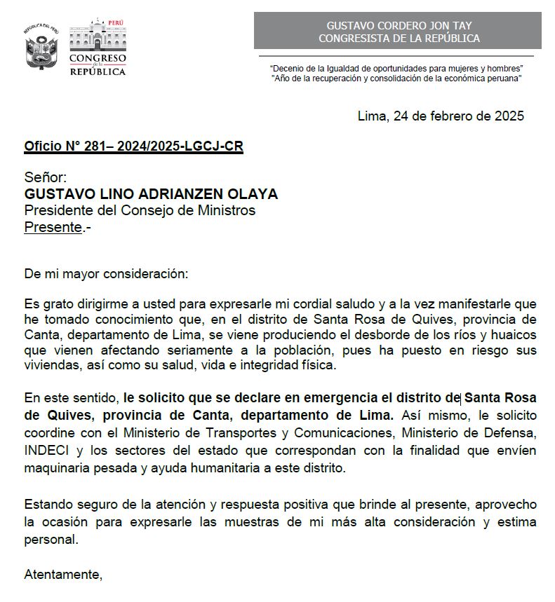 El día de hoy he oficiado a <a href="/pcmperu/">Consejo de Ministros</a> solicitando que se declare en emergencia el distrito de #SantaRosadeQuives. Así mismo también se coordine con el <a href="/MTC_GobPeru/">Ministerio de Transportes y Comunicaciones</a>,  <a href="/MindefPeru/">Mindef Perú</a>, <a href="/indeciperu/">INDECI</a> las acciones necesarias para salvaguardar a los afectados de la zona.

<a href="/congresoperu/">Congreso del Perú 🇵🇪</a>