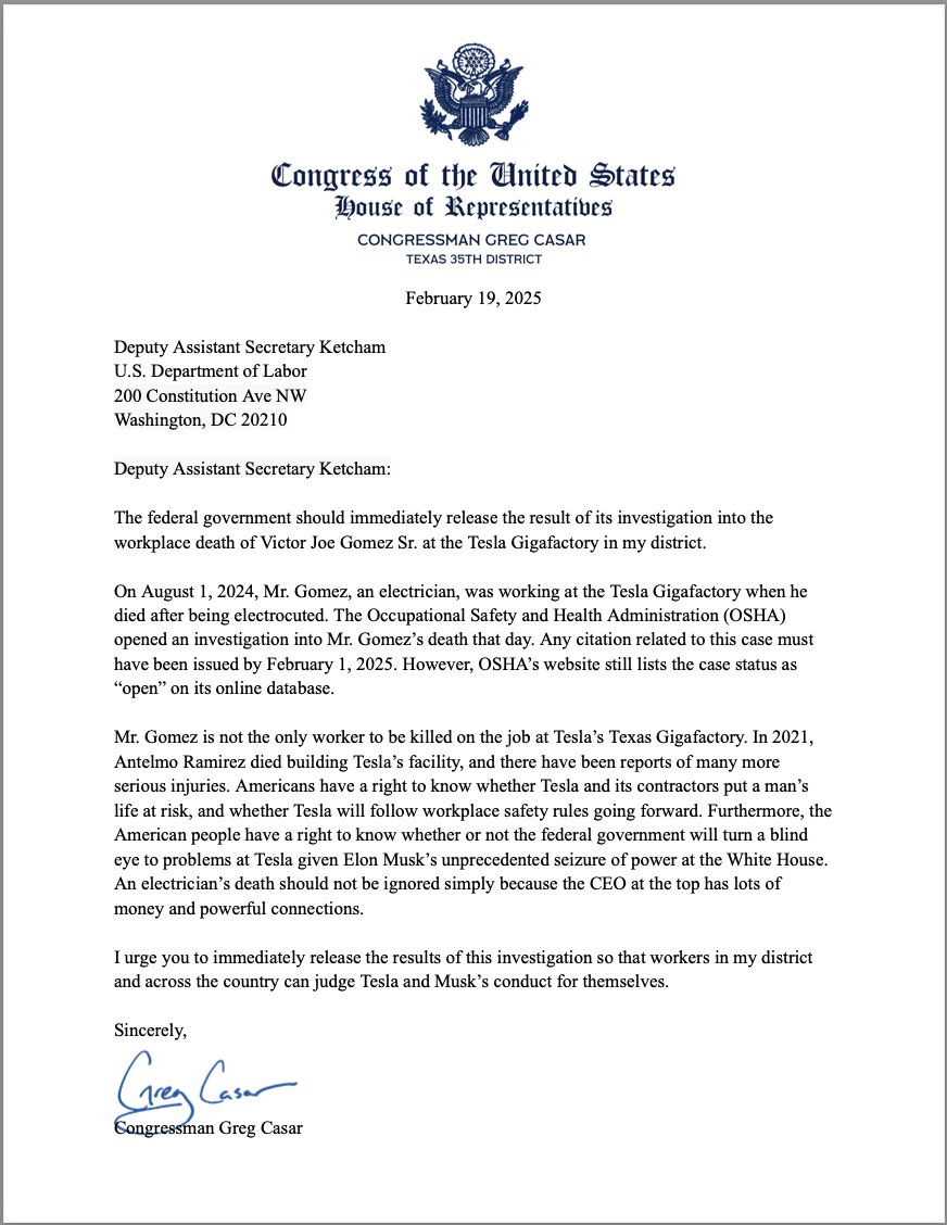 The Trump administration is refusing to release details of an investigation into the death of Victor Gomez Sr., who was killed working at Elon Musks' Gigafactory in my district.

We’re going to get the information released one way or another. Workers in my district, and all
