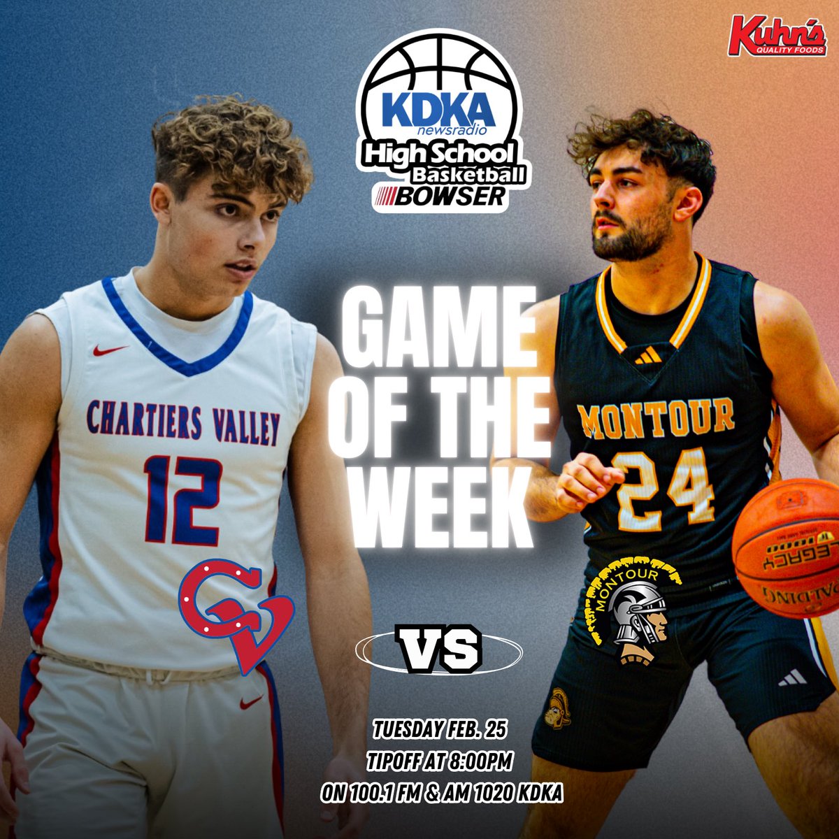 100.1 FM and AM 1020 KDKA (@kdkaradio) on Twitter photo 🏀 GAME OF THE WEEK 🏀
WPIAL 5A Semifinals
Chartiers Valley 🆚 Montour
📅 Tuesday, February 25
⏰ Tipoff: 8:00 PM
📻 Tune in: 100.1 FM & AM 1020 KDKA
🔥 Who’s taking the win? 🏆
<a href="/KuhnMarket/">Kuhn’s Market</a>
#KDKAHoops #PowerOfBowser #WPIAL 🏀 GAME OF THE WEEK 🏀
WPIAL 5A Semifinals
Chartiers Valley 🆚 Montour
📅 Tuesday, February 25
⏰ Tipoff: 8:00 PM
📻 Tune in: 100.1 FM & AM 1020 KDKA
🔥 Who’s taking the win? 🏆
<a href="/KuhnMarket/">Kuhn’s Market</a>
#KDKAHoops #PowerOfBowser #WPIAL