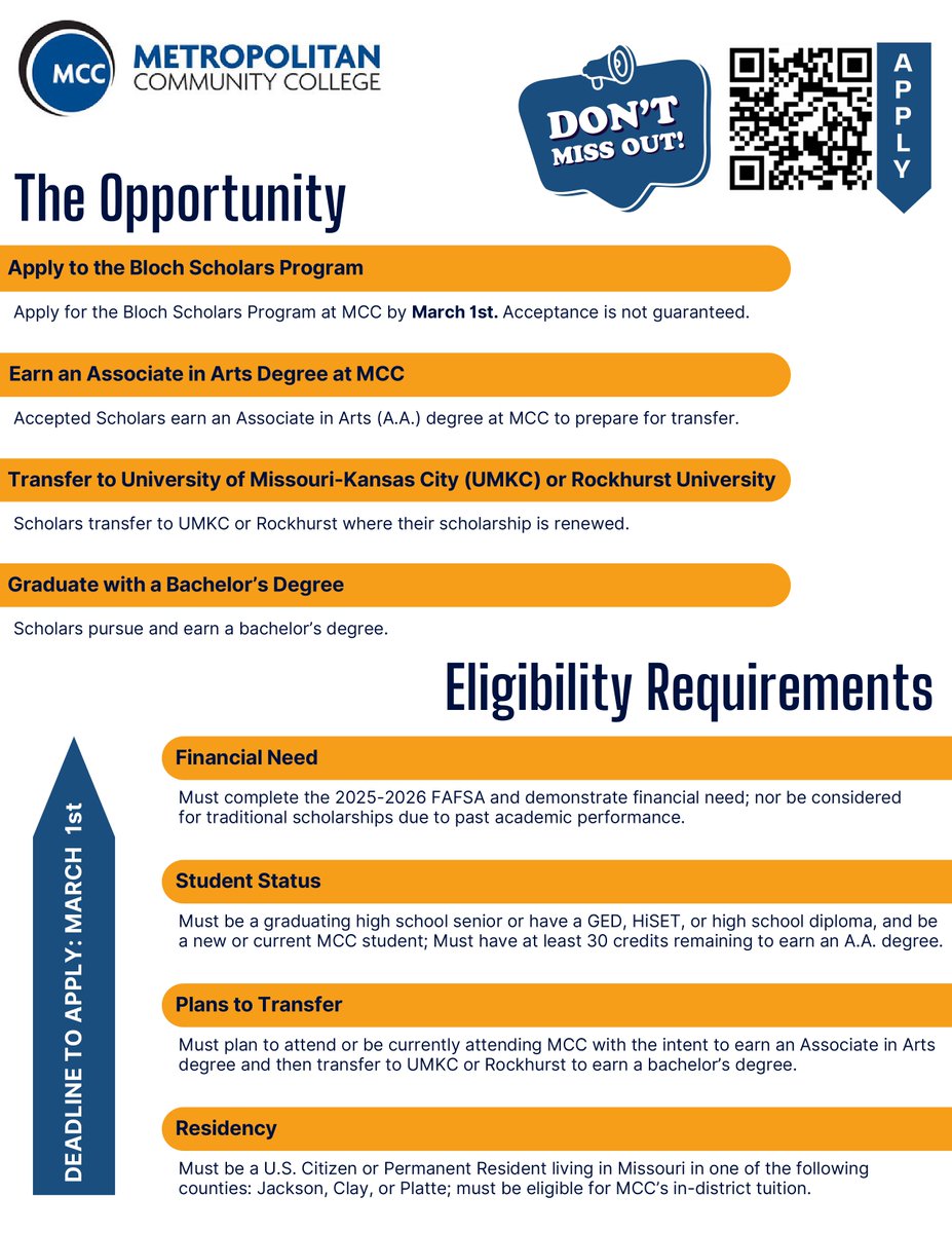 Check out this opportunity for seniors who are planning on attending MCC, and then transferring to UMKC or Rockhurst to complete their bachelor's degree! The deadline to submit your application is March 1st! mcckc.edu/blochscholars