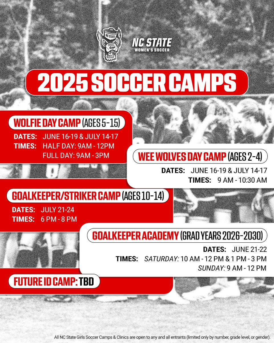 🚨2025 Summer Camps🚨

Registration is officially open! Sign up today!

🔗garyhigginssocceracademy.com 

#PackWSOC | #GoPack