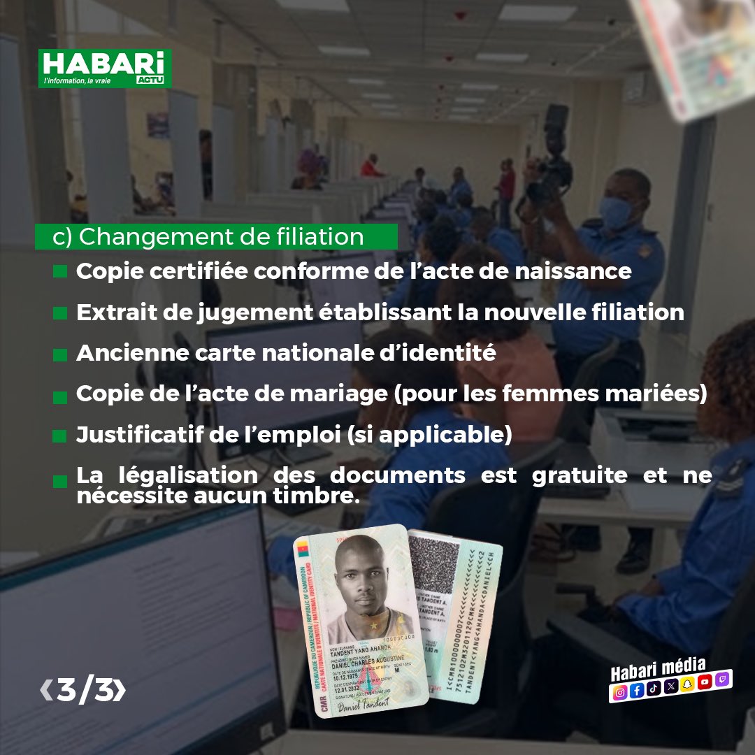 Habari_Media's tweet photo. "CNI au Cameroun 🇨🇲: Liste complète des pièces à fournir selon votre situation"
#CNI #Cameroun #CarteIdentité #DocumentsOfficiels #Renouvellement #CNI #actualitéduCameroun
#Habari237 https://t.co/aUl4k2uB9R