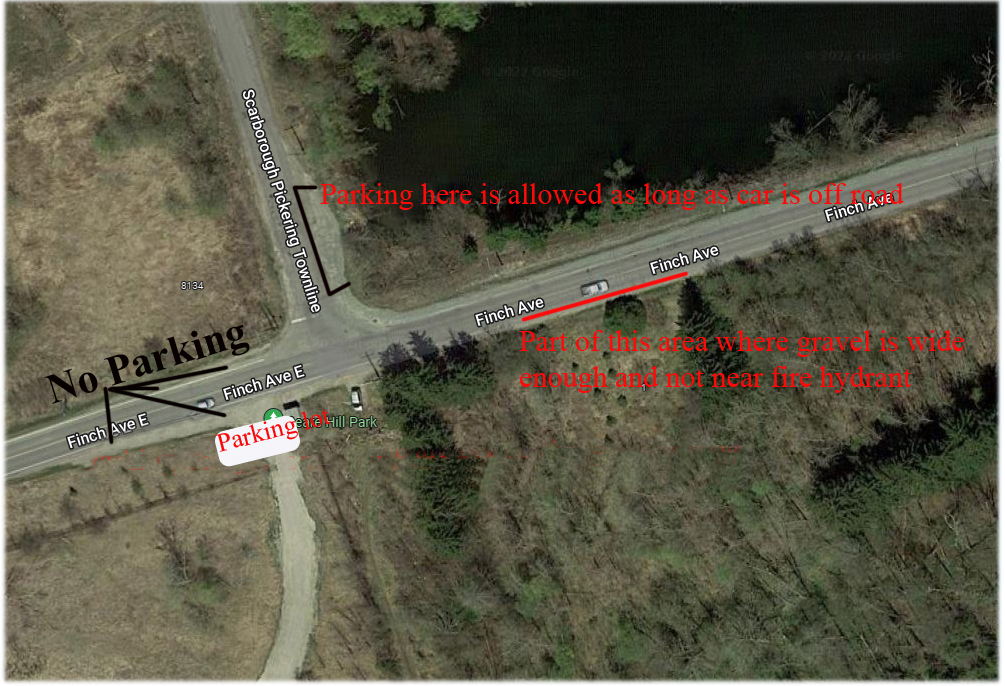 Beare Hill Park parking lot is available for hikers who want to hike Beare Wetlands trail while the parking lot on Zoo Rd is closed for the construction of the Visitor Education Community Centre of the RNUP . Location is at corner of Finch and Pickering /Scarborough townline.