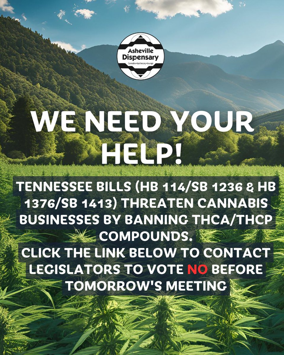 We've partnered with TNHAA to fight two bills banning THCA/THCP that threaten TN cannabis businesses. Bills HB114/SB1236 &amp; HB1376/SB1413 are in committee now. Click here to take action- tnhaa.org/pages/tnhaa-ac…