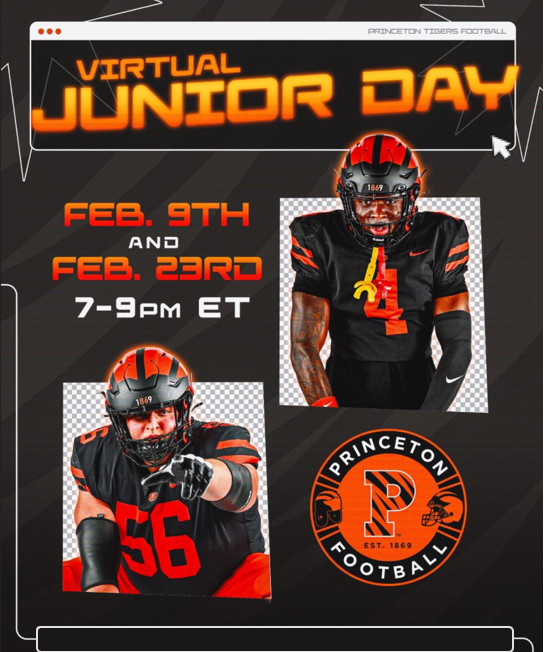 TatumEvans2026's tweet photo. Thank you for the opportunity to join the @PrincetonFTBL virtual Junior Day! Really enjoyed it and looking forward to getting on campus #JUICE26π
@CoachBobSurace @SVerbit @CoachMikeWeick @RyanFracPU @GHSMustangsFB @coachrsmith12 @DonnieBaggs_ https://t.co/OnTtgnOSBH