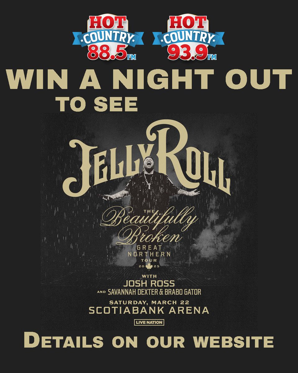 Win a NIGHT OUT for YOU and 3 friends to see Jelly Roll on March 22nd at Scotiabank Arena plus a $500 prepaid visa card courtesy of Cabinet Magic 🔥 

Listen for your cue to text 📱
Grand prize announced on Monday, March 3rd! 
More details at hotcountry885.ca/hotcountry939.…