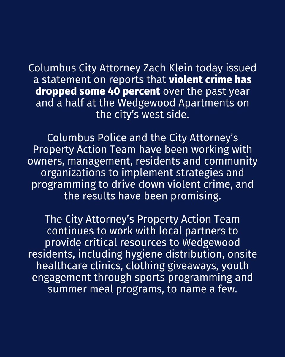 CityAttyKlein's tweet image. .@ColumbusPolice and the Property Action Team have done incredible work to improve living conditions at Wedgewood on the city’s west side.

We’ll continue our all-of-the-above strategy to build on this progress—and we won’t hesitate to step in and take action if problems arise.