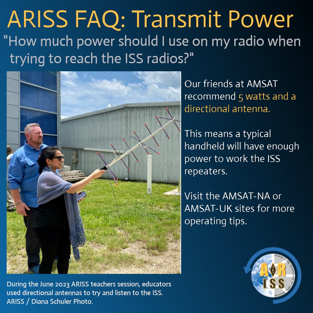 Getting ready to work the ISS voice repeater or send some APRS packets?   

Check your power levels.  

Best practice is to use 5 watts and a directional antenna.