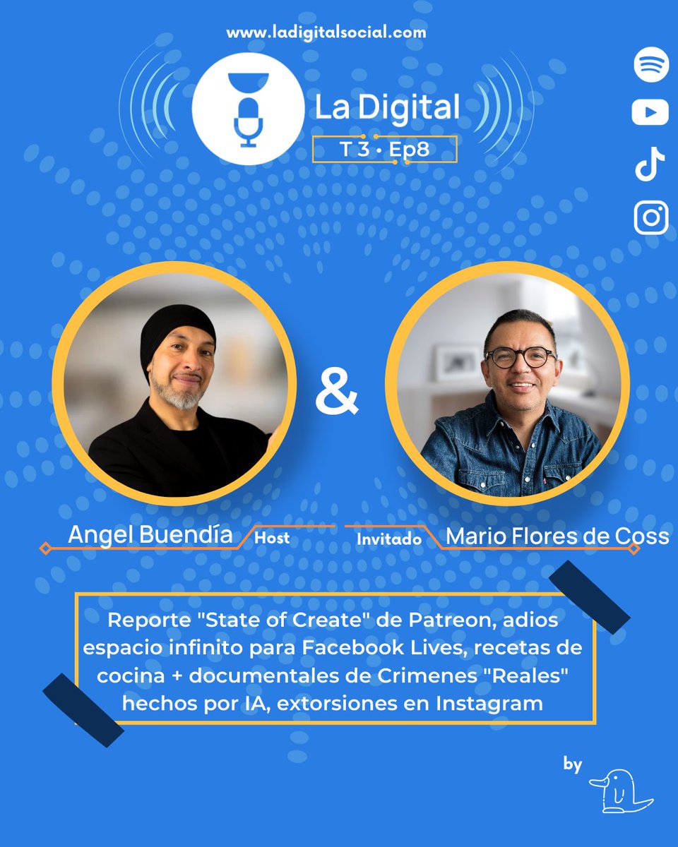 ladigitals0cial's tweet photo. Ya se encuentra al aire nuestro episodio 8 y tenemos un gran invitado @floresdecoss 🤩 quien junto con @angelbc nos dieron las noticias de la semana de #socialmedia 📰 

Podcast producido por Alternativa Digital 🎧 🎙️

Escúchanos en @spotifymexico🎙️ 🎧 
https://t.co/ffMCwVhpFz https://t.co/gdnp3vSZgw