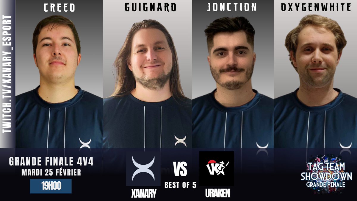 C'est demain la finale contre <a href="/EsportUraken/">UraKen Esport</a> !

Au programme :
🆙4v4 en BO5 
🗓️Mardi 25/02 19h
⏭️twitch.tv/xanary_esport

Nous aurons le plaisir de recevoir <a href="/TheoDokhy/">Théo l Dokhy</a> en invité pour co-cast cette finale avec nous.