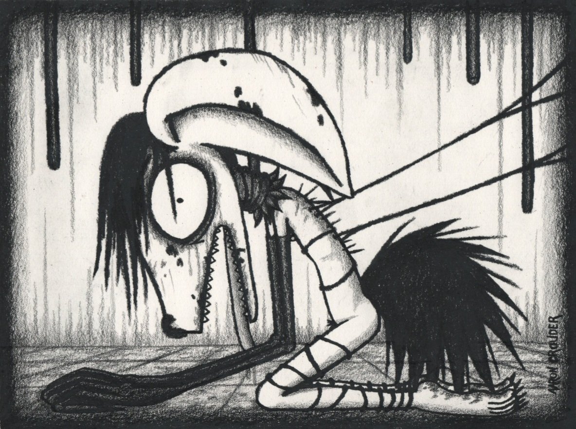 Eccentric_Bat's tweet photo. Here, we have a Critter being punished.  The reason is unknown, but it could be anything.  Threw a brick at a mime, or he chewed on somebody's ankle?
#art #artist #gothic #goth #emo #creatures #weirdart #CartoonArt #creepycute #gothicart #gothart https://t.co/lCRbE7lllS