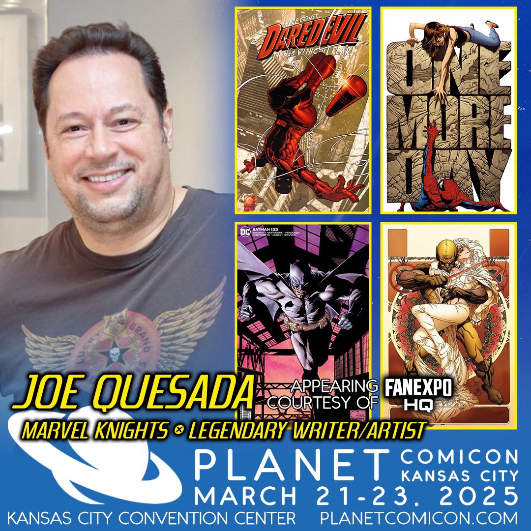 PlanetComicon's tweet image. 💥Legendary creator Joe Quesada will join us at Planet Comicon Kansas City all 3 days March 21-23, 2025!
🎟️ Get your tickets at planetcomicon.com
