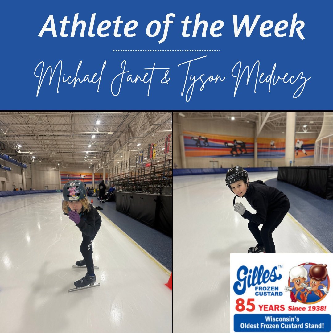 🏆 Gilles Athlete of the Week 🏆
Meet Michael! Michael is in 5th grade and loves speedskating because he enjoys the thrill of going fast!

Meet Tyson! Tyson is in 5th grade and loves speedskating because he enjoys going really fast and building stronger legs for hockey! 🏒