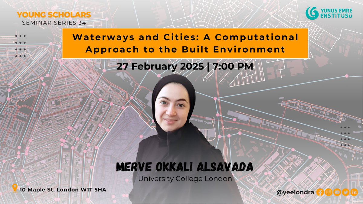Yunus Emre Enstitüsü - London (@yeelondra) on Twitter photo Join us for an exciting talk “Waterways and Cities: A Computational Approach to the Built Environment” w/ <a href="/OkkaliMerve/">Merve Okkalı Alsavada</a>
📅 Feb 27, 2025 | 7 PM
📍 10 Maple St, W1T 5HA
🔗 merveokkali.eventbrite.co.uk
Explore how waterways shape cities using computational methods&urban network modeling Join us for an exciting talk “Waterways and Cities: A Computational Approach to the Built Environment” w/ <a href="/OkkaliMerve/">Merve Okkalı Alsavada</a>
📅 Feb 27, 2025 | 7 PM
📍 10 Maple St, W1T 5HA
🔗 merveokkali.eventbrite.co.uk
Explore how waterways shape cities using computational methods&urban network modeling