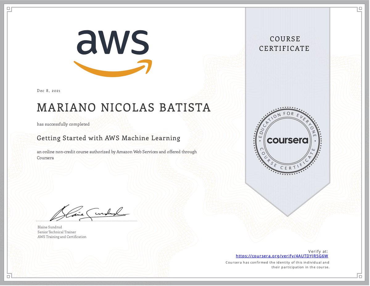 marianbyte's tweet photo. I'm happy to share this training certificate of  "Getting Started with AWS Machine Learning"  by @Coursera and @AWS.

https://t.co/rSYFSCD5zs
#AWS #MachineLearning https://t.co/TnvCipBOzA