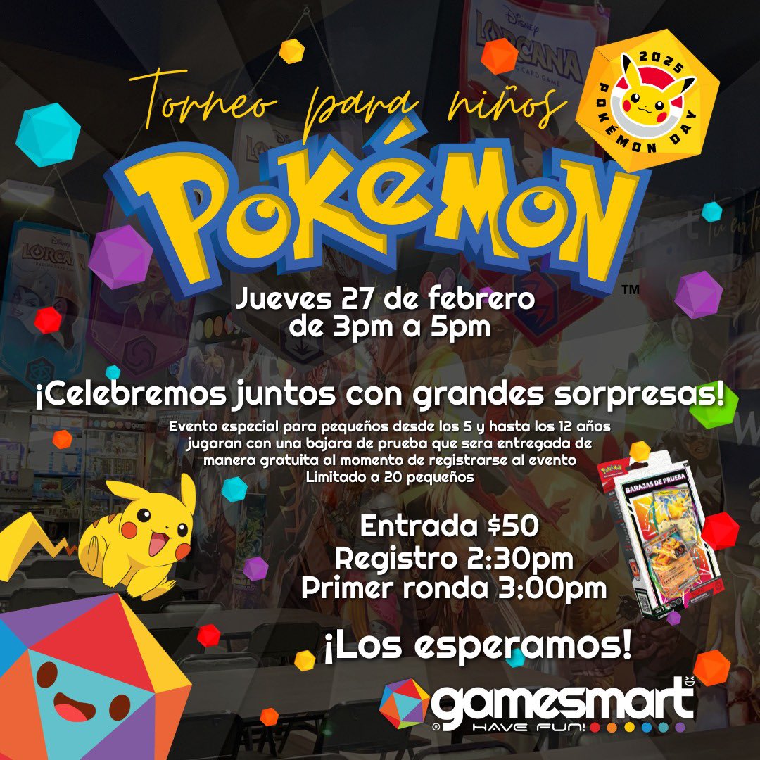 Ya viene el #PokémonDay y queremos celebrarlo con ustedes 

Los esperamos en los eventos de celebración de este jueves 27 de febrero con muchas sorpresas #HaveFun 

#pokemon #pokemontcg #tcg #gamesmart #pokemoncommunity
