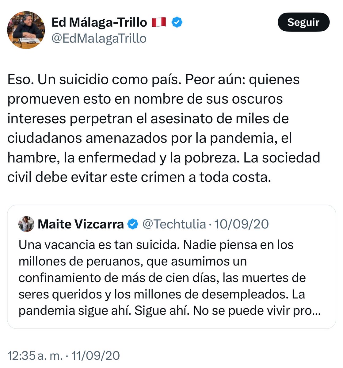 RodolfoPerezOpe's tweet photo. Jun 2020: Málaga reunido con ex ministro Zamora para impulsar SU proyecto de pruebas rápidas.

Nov 2020: Málaga dice que vacancia a  Vizcarra es ASESINATO y llama a la PROTESTA contra Merino.

Feb 2025: Málaga califica a Vizcarra y Zamora como GENOCIDAS.

Completamente miserable. https://t.co/qXTznGLl2b