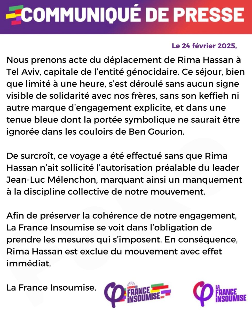SurmulotsNews's tweet photo. 🔴 URGENT – Rima Hassan vient d’être exclue de La France insoumise pour avoir visité Israël. https://t.co/Pv0Jhfm370