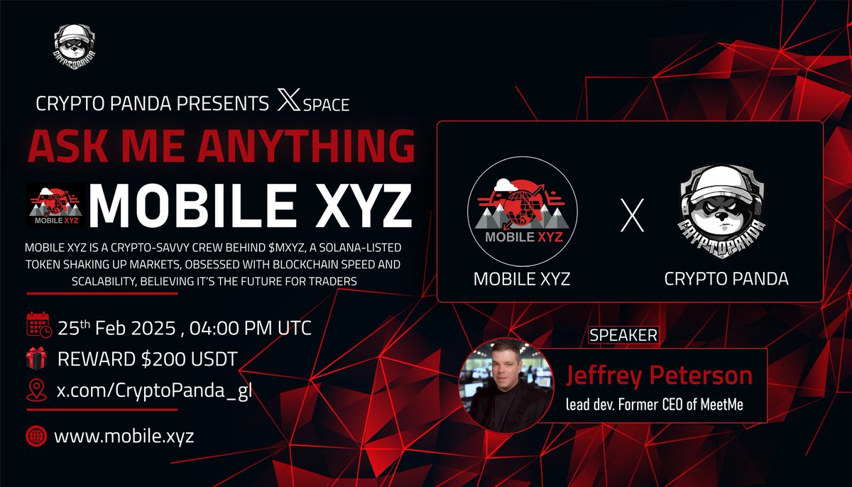 🎙️ Join with us for Exclusive #XSpace AMA with <a href="/mobiledotxyz/">mobile.xyz</a>

🗓️ Date:- 25th, February 2025
🕰️ Time:- 04:00 PM UTC 
🎁 Reward :- $200 USDT 

🎙️ Guest:- 
> Jeffrey Peterson, lead dev. Former CEO of MeetMe

📌Joined Xspace :-
x.com/i/spaces/1dRKZ…

✅Check Token Contact Address
