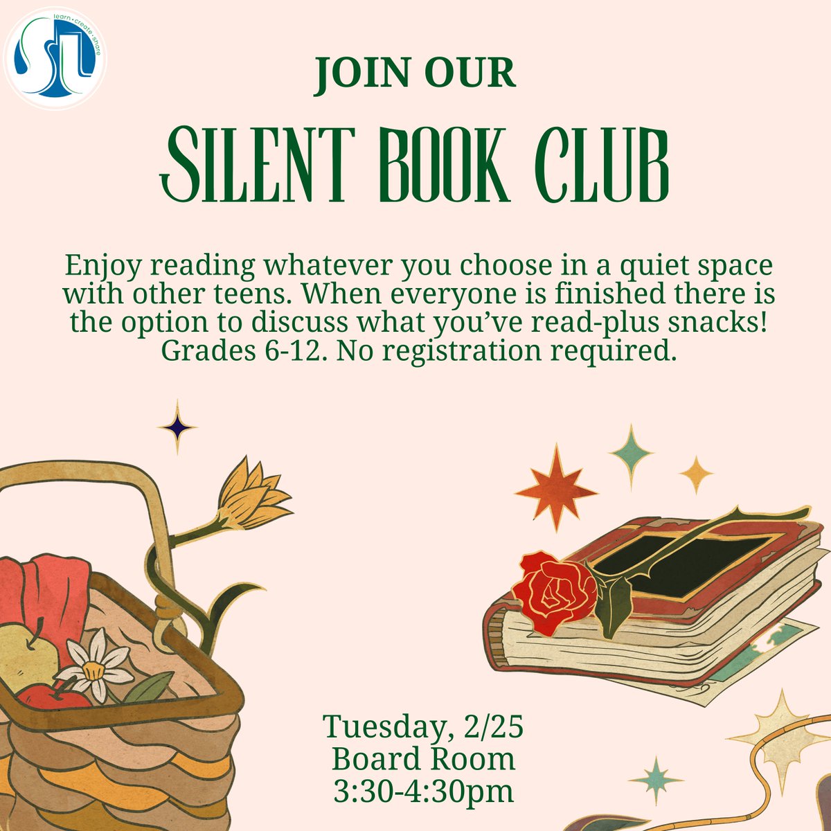 #Teens: #SilentBookClub meets tomorrow (2/25) at 3:30 pm in the Library's Board Room. Enjoy reading whatever you choose in a quiet place with other teens! Then, share what you’ve read (but only if you’d like). There will be snacks!