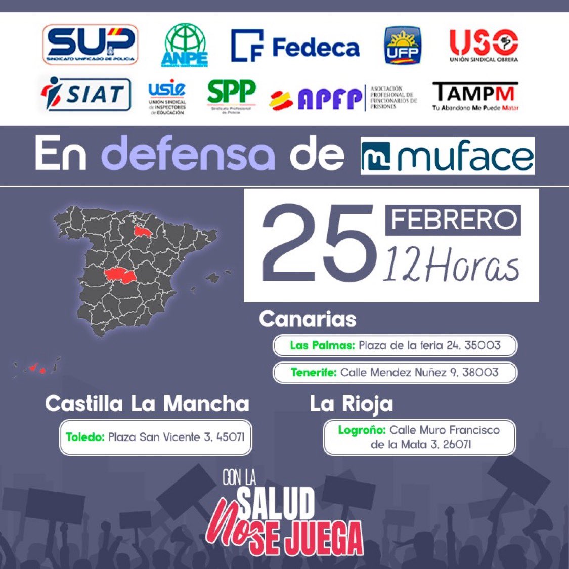 USIECLM's tweet photo. 📢 El martes 25 de febrero a las 12:00 h, concentraciones en defensa de @mufaceoficial convocadas por la #PlataformaIntersindical ante las Delegaciones o Subdelegaciones del Gobierno en #LasPalmas #Tenerife #Toledo #Logroño.

¡#ConNuestraSaludNoSeJuega!
¡Acude y difunde! 📢✊ https://t.co/NQ8drX4xOp